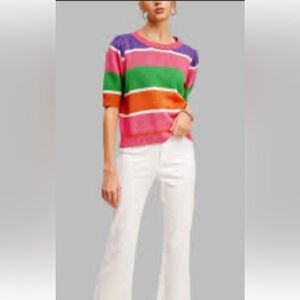LA MIEL Vibrant Striped Crew Neck Short Sleeve Sweater